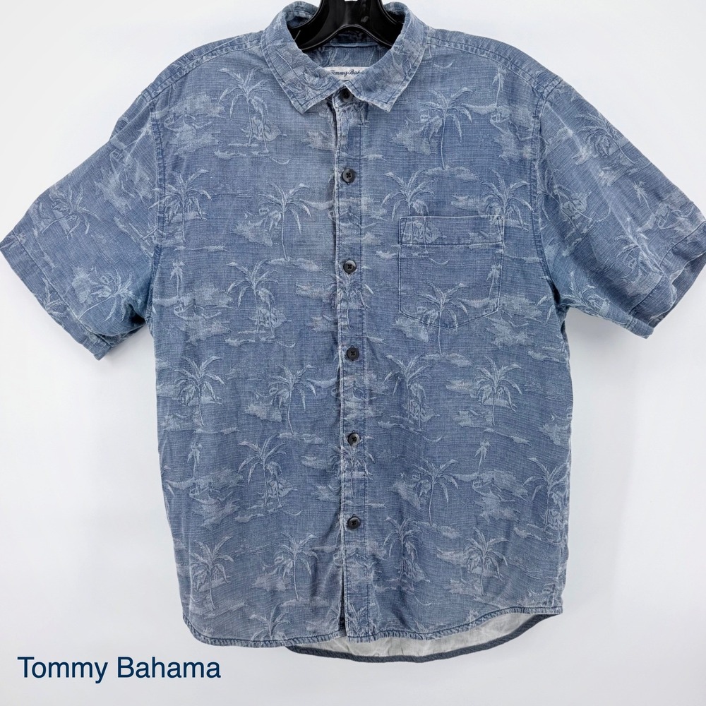 Tommy Bahama Palms in Paradise Silk Camp Shirt Mens M Blue Tropical Hawaiian S/S